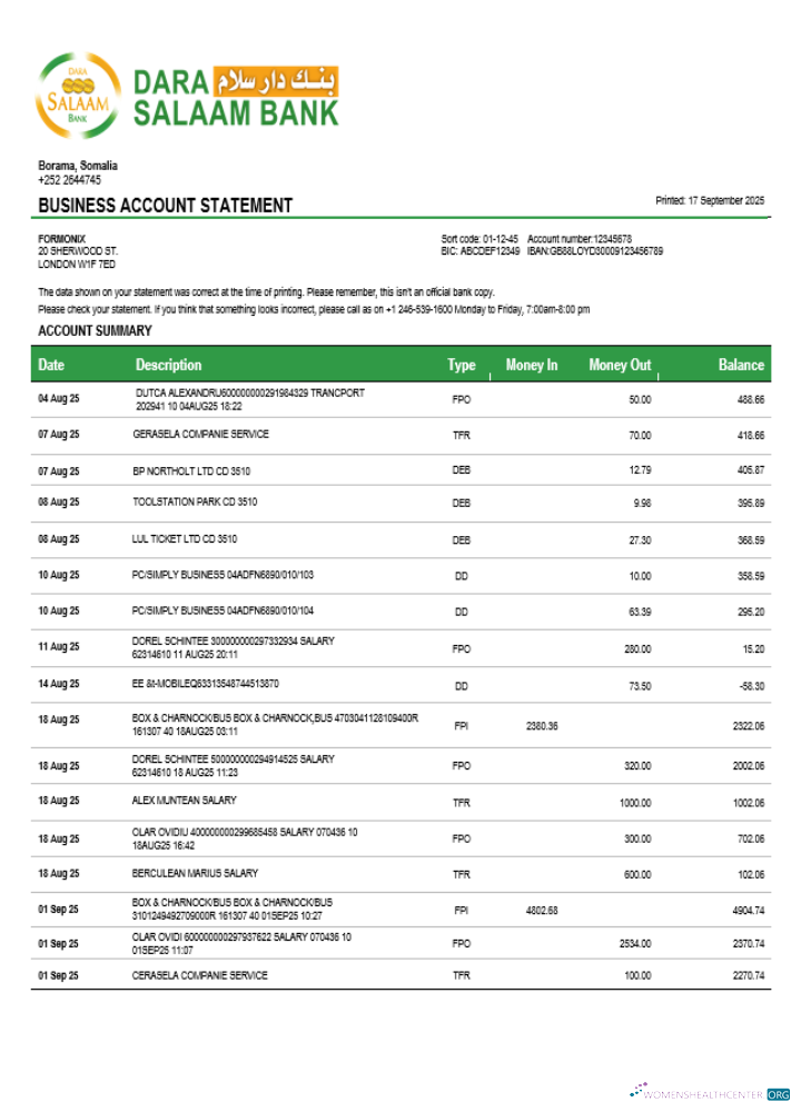 Download Somali Dara Salaam Bank firm account statement Word and PDF template Photoshop template